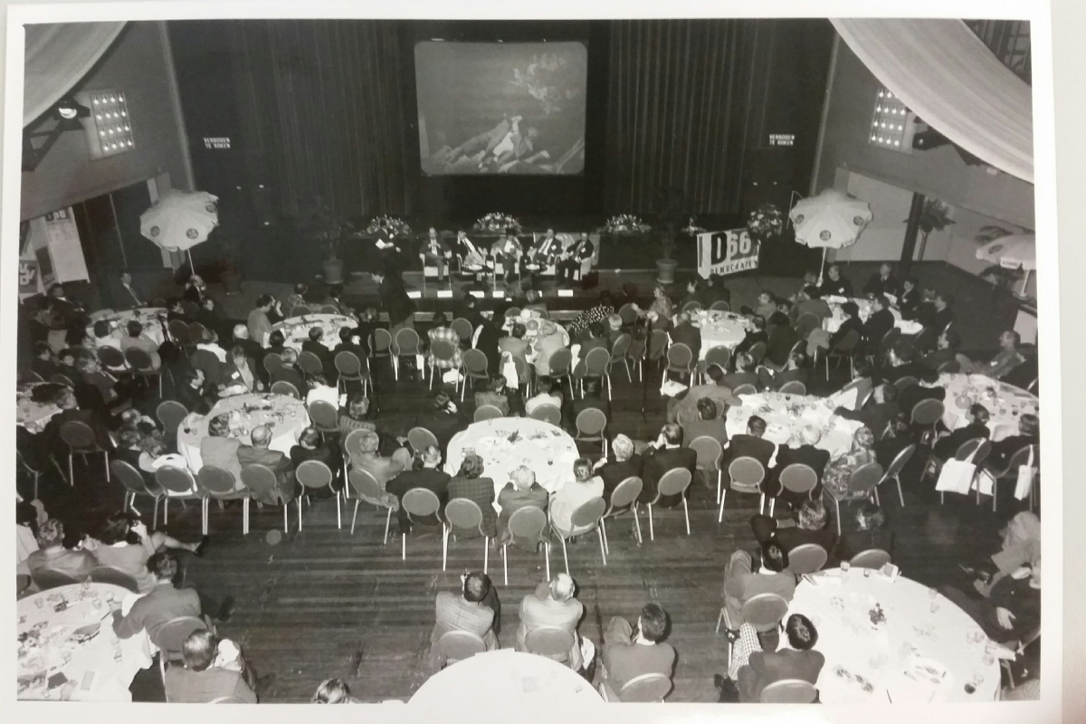 An old photo of the theater at the NieuweBuitenSocieteit