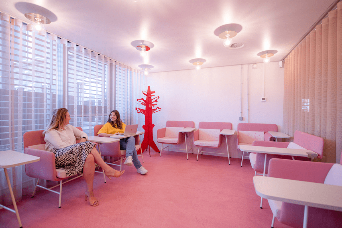 Two women in comfortable chairs in a pink room. The Pink Salon.