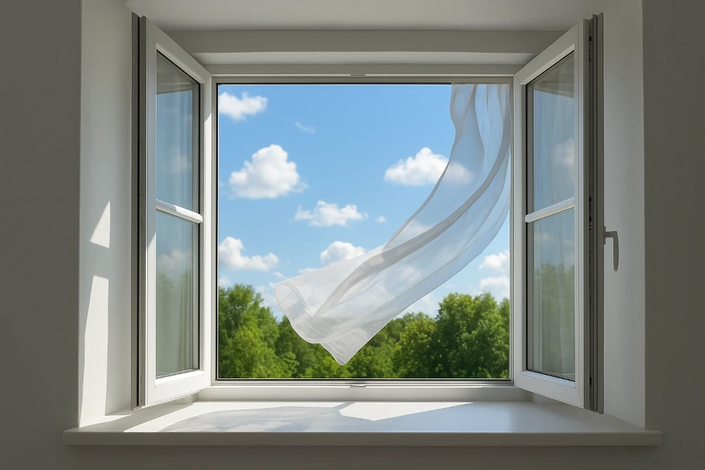 Open raam dat frisse lucht binnenlaat